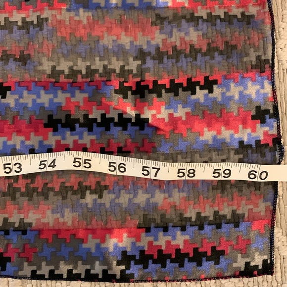 Oblong Scarf: Red, Blue, Gray, Black Design, Sheer & Opaque, 60” x 12”, Career - Picture 8 of 8